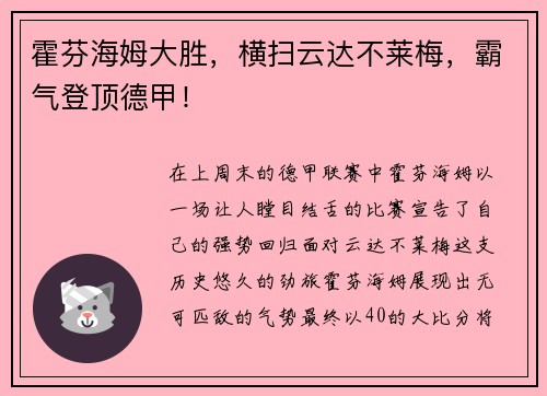 霍芬海姆大胜，横扫云达不莱梅，霸气登顶德甲！