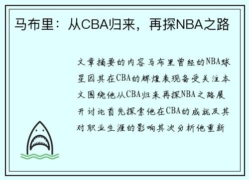 马布里：从CBA归来，再探NBA之路