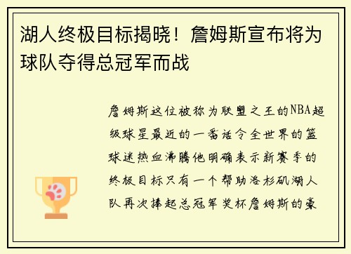 湖人终极目标揭晓！詹姆斯宣布将为球队夺得总冠军而战